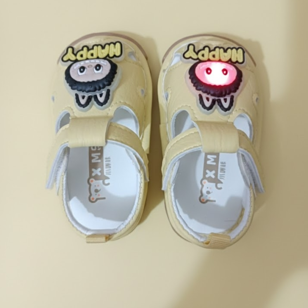 “HAPPY” Cartoon Baby Sandals – Pale Yellow/Cream with Light